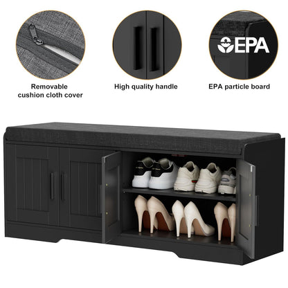 Homleke 2-Tier Storage Bench, Shoe Bench with Thickened Padded Seat Cushion, Entryway Bench with 4 Doors, Adjustable Shelf, 13.8" D x 45.3" W x 18.5" H, for Entryway, Living Room, Bedroom, Black