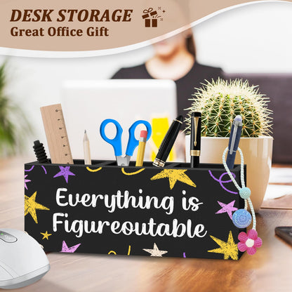 WODMIS Motivational Everything Is Figureoutable Pen Pencil Holder for Desk, Inspirational Gifts for Women Men Wooden Box Organizer Decorations for Home Office Desk Accessories Tabletop