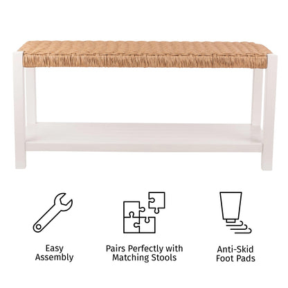 Alaterre Furniture Bench with Handcrafted Woven Rope Seat - Newport Collection 40-Inch Wood Bench with Storage Shelf for Entryway or Hallway - Indoor Furniture (White)