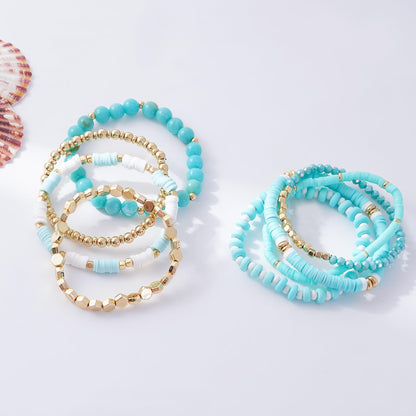 GOOJIDS Surfer Heishi Clay Bead Bracelets for Women Bohemian Stackable Gold Plated Beaded Stretch Bracelets Elastic Layering Friendship Bracelets Set Boho Jewelry