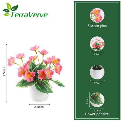 TerraVerve Boho Style 4-Piece Silk Flower Arrangement | Realistic Artificial Plants with Vase | Daisy & Lily Pots | No Maintenance Required