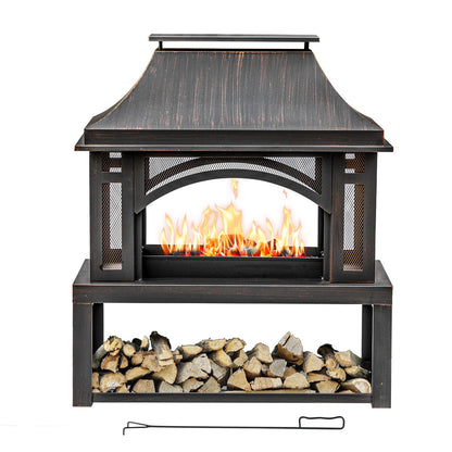39" Fire Pits with Wood Storage for Outside, Large Wood Burning Outdoor Fireplace with Chimney, Mesh Spark Screen & Fire Poker, Idea for Backyard, Patio, Party, Camping, Picnic