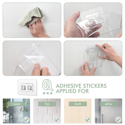 Clear Adhesive Wall Storage Bins, 4 Pack Cabinet Door Organizer Holders, Hanging Wall Mount Pockets, Plastic Cups for Shower Bathroom Makeup Office Craft Remote Kitchen Sink RV Organization (Small)