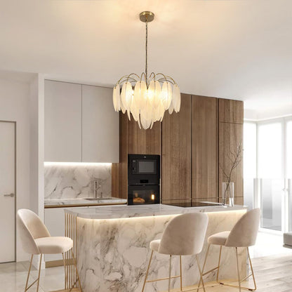 KELUOLY Modern Gold Chandelier, 19.29" Creativity Feather Glass Pendant Ceiling Light Fixtures 6-Light Round Chandelier Luxury 3 Tiers Hanging Chandelier for Dining Room Foyer Living Room Bedroom