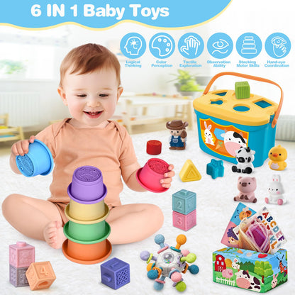 6 In 1 Baby Toys, 6-12 months Baby Toys, 0-6 12-18 Montessori Toddler Gifts For Toddlers, Farm Animals Playset & Teething & Stacking Building Block Cup & Tissue Box & Sensory Bin For Development