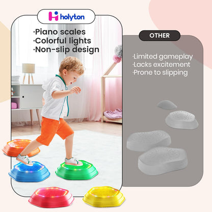 Holyton Light Up Stepping Stones for Kids, 5 Pack Sensory Balance Stepping Stones with Rechargeable Batteries, Non-Slip Toddler Stepping Stones for Ages 3-8, Indoor Outdoor Active Play, Red