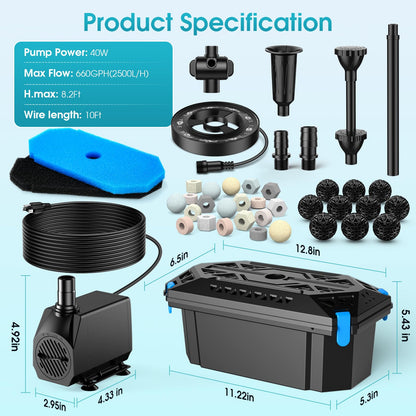 POPOSOAP RGB Pond Filter with Pump Fountain Kits, 660GPH Pond Filter Box With 40W Pond Pump & RGB Auto-Cycle LED Lights, Koi Pond Filters for Outdoor Ponds Clean, Clear, and Add Water Features
