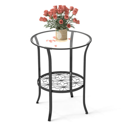 DDK 2-Tier Round Side Table with Tempered Glass Top & Decorative Floral Metal Shelf, Outdoor End Table for Patio Balcony, Indoor Accent Table for Living Room Bedroom