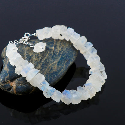 CRYSTALIS Natural Raw Rainbow Moonstone Adjustable Bracelet, High Grade Rough Gemstones, Chakra, Healing Crystals, Gift Giving Jewelry, 925 Sterling Silver Womens Bracelet 8 inch