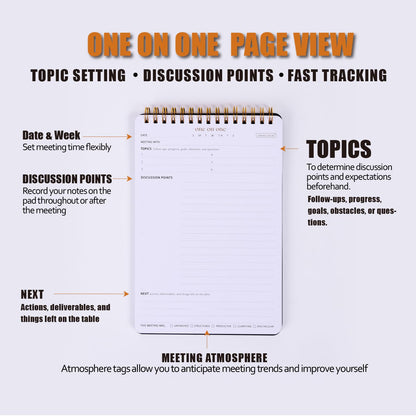 Business Meeting Notebook for Work With Action Items – Bestselling 1:1 Spiral Notepad is Great for Managers, Team Leads, Educators - Keep Notes Organized During Note-taking Process -Black-A5