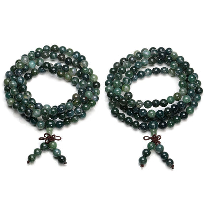 Jovivi 108 Mala Beads Bracelet 8mm Natural Green Moss Agate Gemstone Healing Crystal Stone Beaded Bracelet Hand Knotted Prayer Mala Beads Necklace for Yoga Meditation Balance