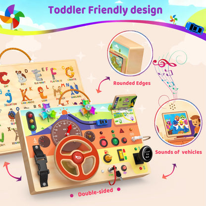 Montessori Wooden Busy Board with Steering Wheel & Driving Toys - Sensory Activity Boards for Toddlers 1-3, Car Themed Fidget Toy with Lights, Switches & Windmill Spinner, Travel Gift for Boys Girls