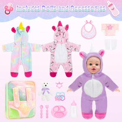 deAO 12 Inch Soft Baby Doll Backpack Glow in Dark Carrier Playset Toys Baby Care Toys Set with 12''Doll Clothes Bottle Accessories Birthday Gift for Toddlers Boys Girls