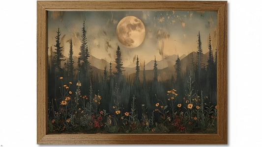 HYHSMiekl Full Moon Forest Wall Art Canvas Print, Moody Night Landscape Wildflower Painting, Cottagecore Pine Tree Decor, Waterproof Fade Resistant Framed Artwork, Ready to Hang (8x10 with Stand)