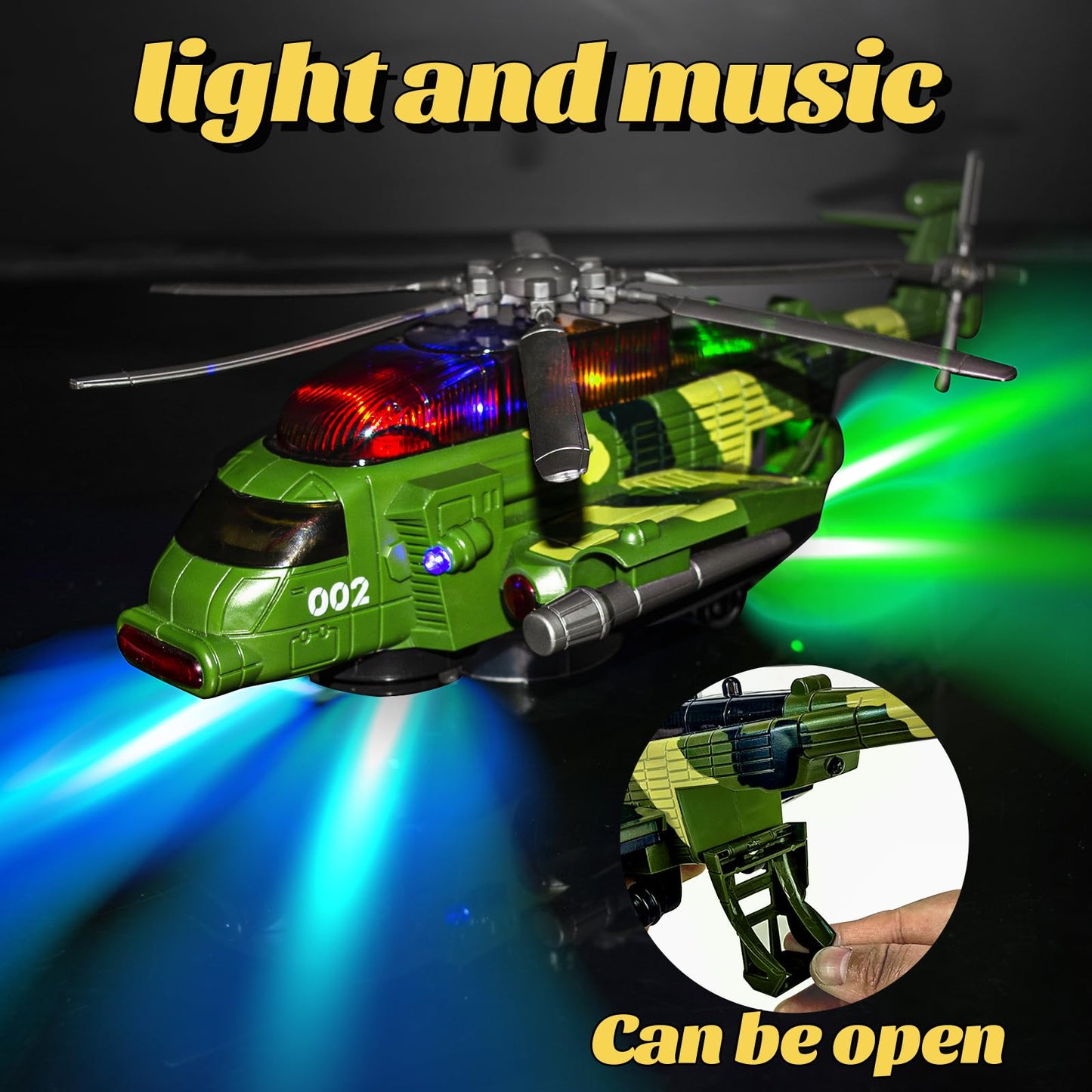 Bloolilies Helicopter Toy for Kids 3-5 6 7, Army Military Toy Helicopters with Lights and Music for Toddlers Birthday Gift, Bump and Go Airplane Toys for Boys Girls 3 4 5 6 7 Years Olds