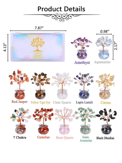Jovivi 12pcs Chakra Crystal Tree Set Tree of Life Gemstone Money Trees with Glass Base,Natural Healing Crystals and Stones for Positive Energy Good Luck Home Office Decor for Women Mom Birthday Gifts