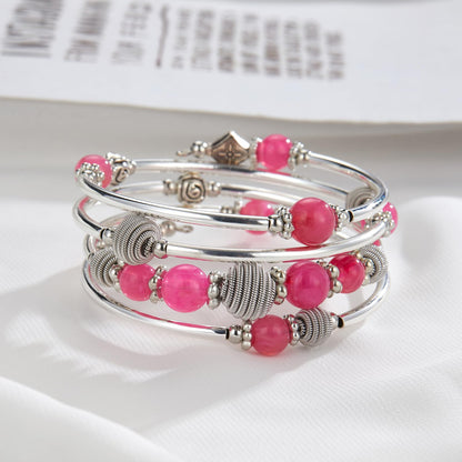 PEARL&CLUB Beaded Chakra Bangle Turquoise Bracelet - Fashion Jewelry Wrap Bracelet with Thick Silver Metal and Mala Beads, Birthday Gifts For Women(Hot pink)