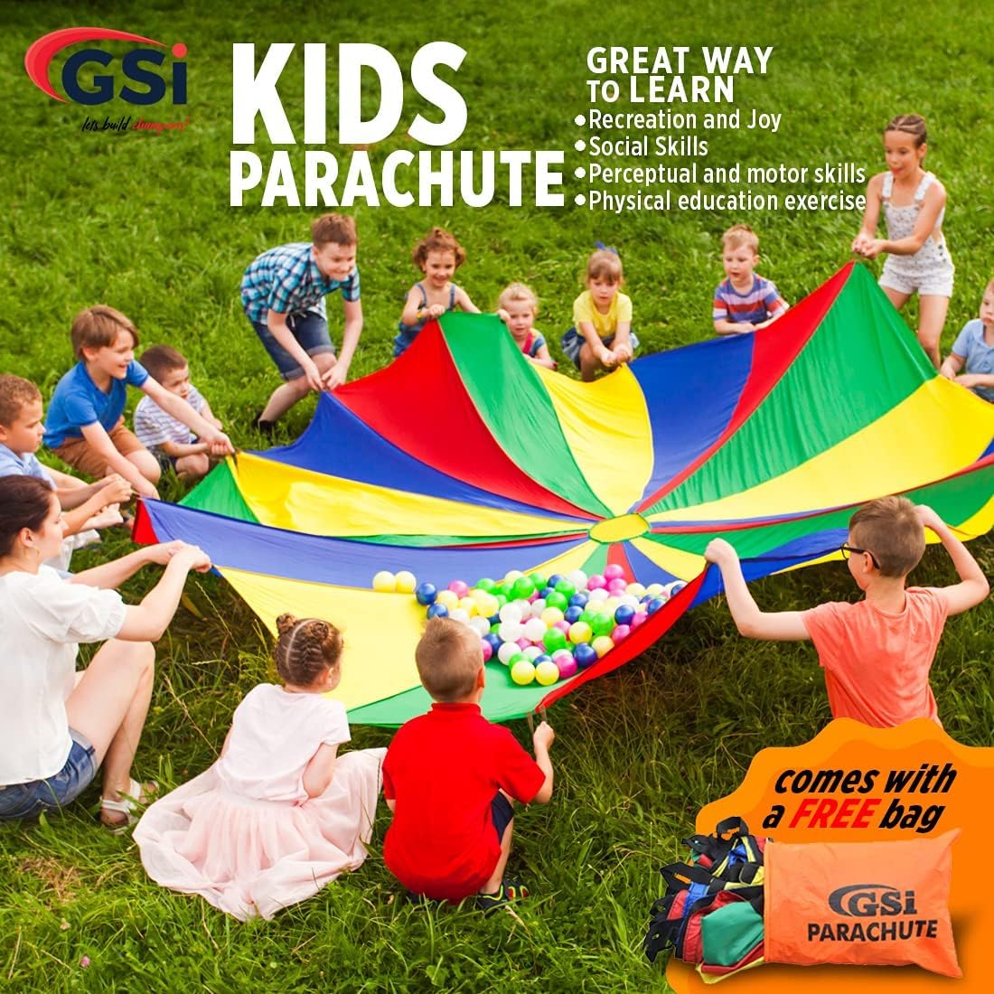 GSi Kids Play Parachute Rainbow Parachute Toy Tent Game for Children Gymnastics Cooperative Play and Outdoor Playground Activities (12 Feet)