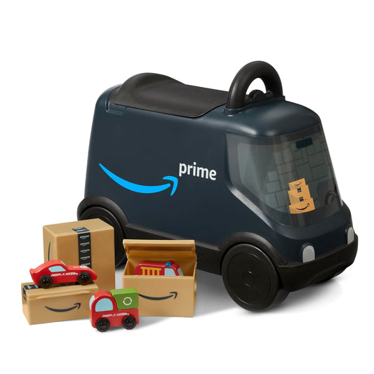 Radio Flyer Amazon Delivery Van, For Ages 2+, Ride and Deliver Truck for Kids, Under Seat Storage, Stationary Handle, Ergonomic Seat, Includes 3 Mini Amazon Boxes & 3 Wooden Toys, Toddler Ride On Toys