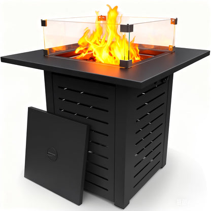 28'' Propane Fire Pit Table, 50,000 BTU Steel Gas Firepit for Outdoor Patio Deck and Garden, CSA Certified Fire Pit with Lid, Waterproof Cover, Glass Wind Guard and Lava Rock, Black