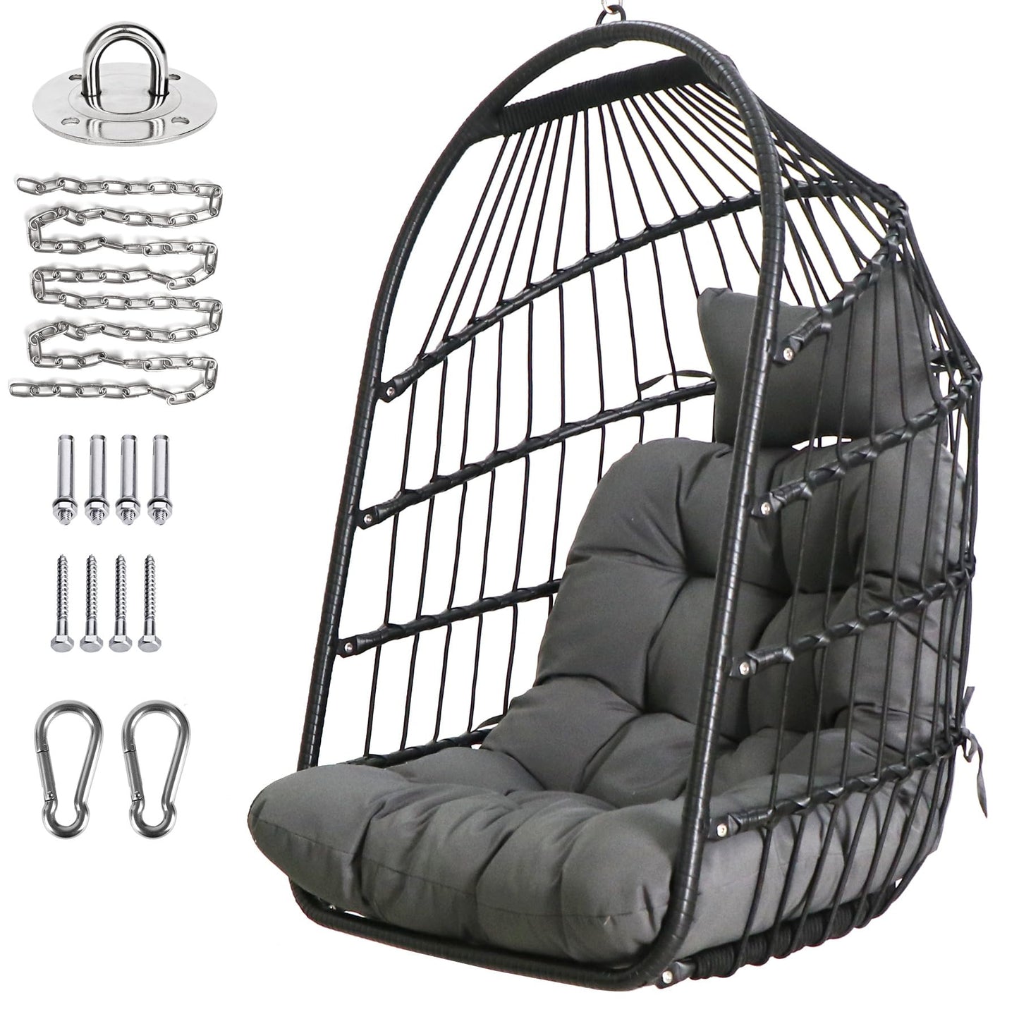Chihee Egg Chair Foldable Wicker Rattan Hanging Swing Chairs Indoor Outdoor Patio Wicker Chair Hammock Chair with Stainless Steel Hanging Kit Chain Link UV Resistant Cushion Bedroom Balcony