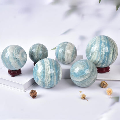 JIC Gem Natural Trolleite Crystal Ball Sphere Blue Healing Crystal Gemstone Ball with Display Stand Home Decor Meditation Grid Energy Balance (50-60mm)