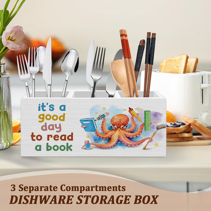 WODMIS Book Lovers Gifts Pen Pencil Holder for Desk, Book Reader Gifts, It's a Good Day to Read a Book Octopus Wooden Box Organizer Decorations for Classroom Reading Room Desk Accessories Tabletop