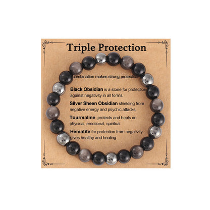 AULSIEY Hematite Black Tourmaline Obsidian Bracelet for Men, Triple Empath Protection Bracelet Gifts for Women, Protection Healing Crystal Bracelets, Evil Eye Jewelry Bracelets Mental Health-8mm