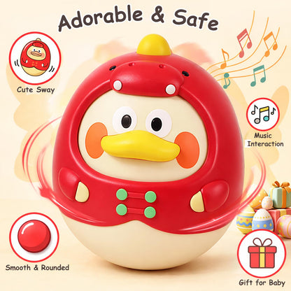 Tinabless Tummy Time Toys, Dinosaur-Duck Roly Poly Baby Toy, Musical Wobbler Toy | Tumbler Wobbler Toy for Newborns 3-12 Month Baby Boys and Girls Easter Basket Gift First Birthday Present (Red)