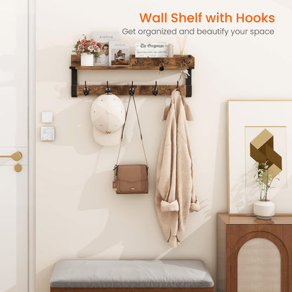 Homode Coat Rack with Shelf, Wall Shelf with Hooks, 26 Inch Long Coat Hanger Wall Mount with Key and Mail Holder, Wood Entryway Shelves for Hanging Hat Jacket Backpack Purse, Rustic Brown Black