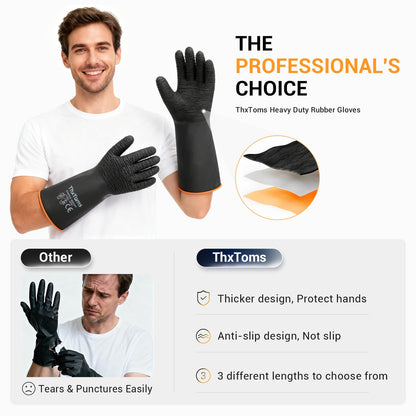 ThxToms Heavy Duty Rubber Gloves, Industrial Chemical Resistant Gloves Waterproof Reusable Protective Work Gloves for Cleaning, Dishwashing,Upgraded with Non-Slip Design, Black, 18" 1 Pair