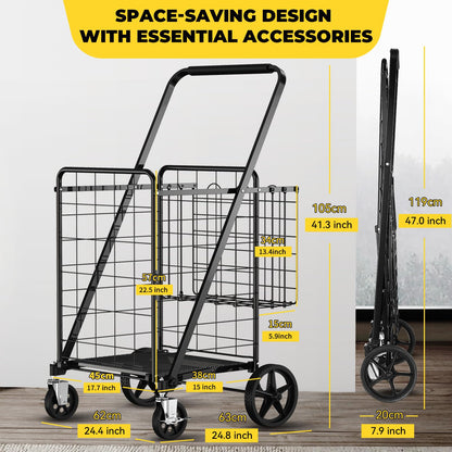 XING LANG 4.5 Cu Ft Folding Shopping Cart - 420 LB Capacity Grocery Cart with 360° Braked Swivel Wheels - Heavy Duty Utility Cart with Double Basket & Removable Waterproof Liner with Lid for Laundry