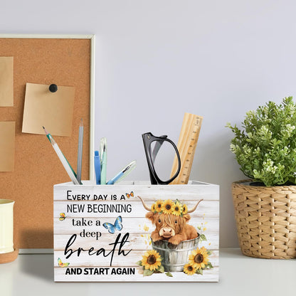 METNBASYY Inspirational Highland Cow Pen Holder for Desk, Highland Cow Lover Gifts Pencil Organizer, Rustic Sunflower Heifer Wooden Box Sign Desk Decor for Girls Room Home Office Decoration