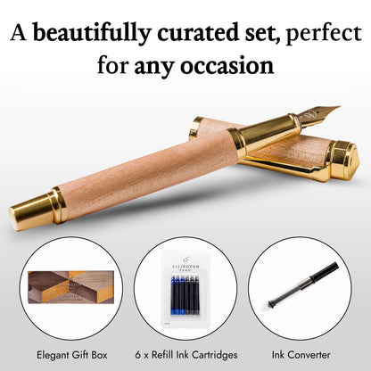 Ellington Pens Luxury Wood Fountain Pen Set – Medium Nib - Includes 6 Ink Cartridges, Wooden Pen Gift Box, Ink Converter - Wood Pen For Writing, Calligraphy, Journaling, Drawing (Maple Harmony)