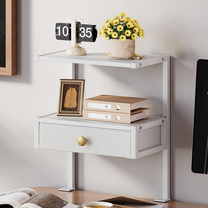VENNQD Clamp On Desk Shelf, 2-Tier Desktop Organizer, Wood Desktop Supplies Tabletop Book Storage Rack with Adjustable Shelves for Table Working and Gaming Accessories, White