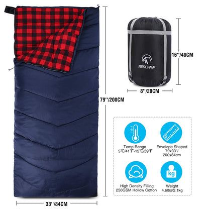 REDCAMP Cotton Flannel Sleeping Bag for Adults, XL 32/41/50F Comfortable, Envelope Sleeping Bag with Compression Sack, Red Plaid 2lbs(79"x33")