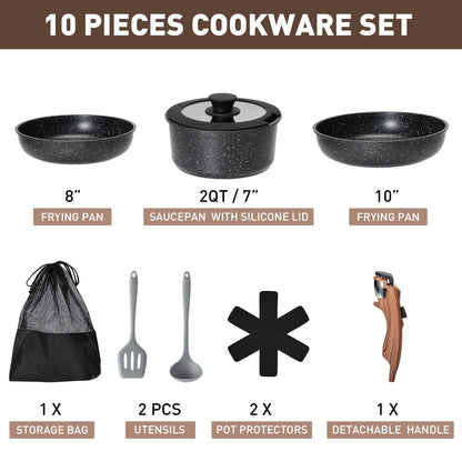 MAISON ARTS Detachable Handle Induction Pots and Pans Set, 10 Piece Non Stick Kitchen Cookware Sets, Stackable Black Granite RV Cooking Set for Camper