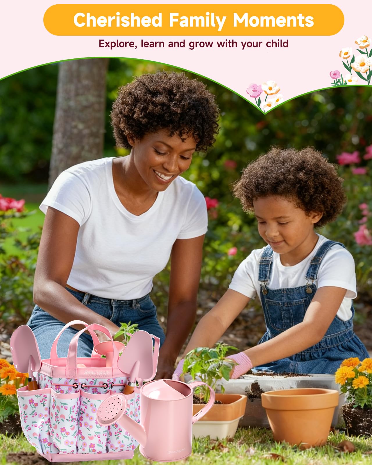 Seedypop Kids Gardening Tool Set Toys - 8 Pieces Quality Garden Kit for Toddlers & Kids with Shovels, Rake, Watering Can, Hat, Apron, Gloves & Storage Bag (Pink Flower)