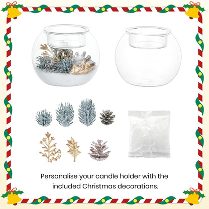 Hewory Christmas Tealight Candle Holders: Set of 6 Glass Ball Tea Light Candle Holder with Golden Leaves and Needles, Christmas Table Decorations for Dinner Centerpiece Holiday Party Fireplace Mantle