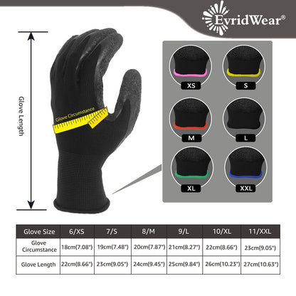 Evridwear Crinkle Latex Rubber Hand Coated Safety Work Gloves for Men Women General Multi Use Construction Warehouse Gardening Assembly Landscaping,Black XX-Large 12 Pairs Pack
