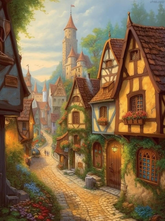 UPABLUNSO Vintage Village Diamond Painting Kits House Scenery Diamond Painting Chic Full Circle Crystal Spot Diamond Art Kit for Wall Decor Home Decor 12x16inch