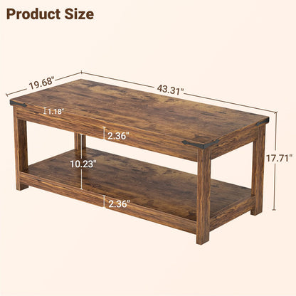 Homieasy 43.3” Rectangular Coffee Table with Storage Shelf, Farmhouse Wood Center Table for Living Room, Modern Black Tea Table with Open Shelf, Rustic Brown