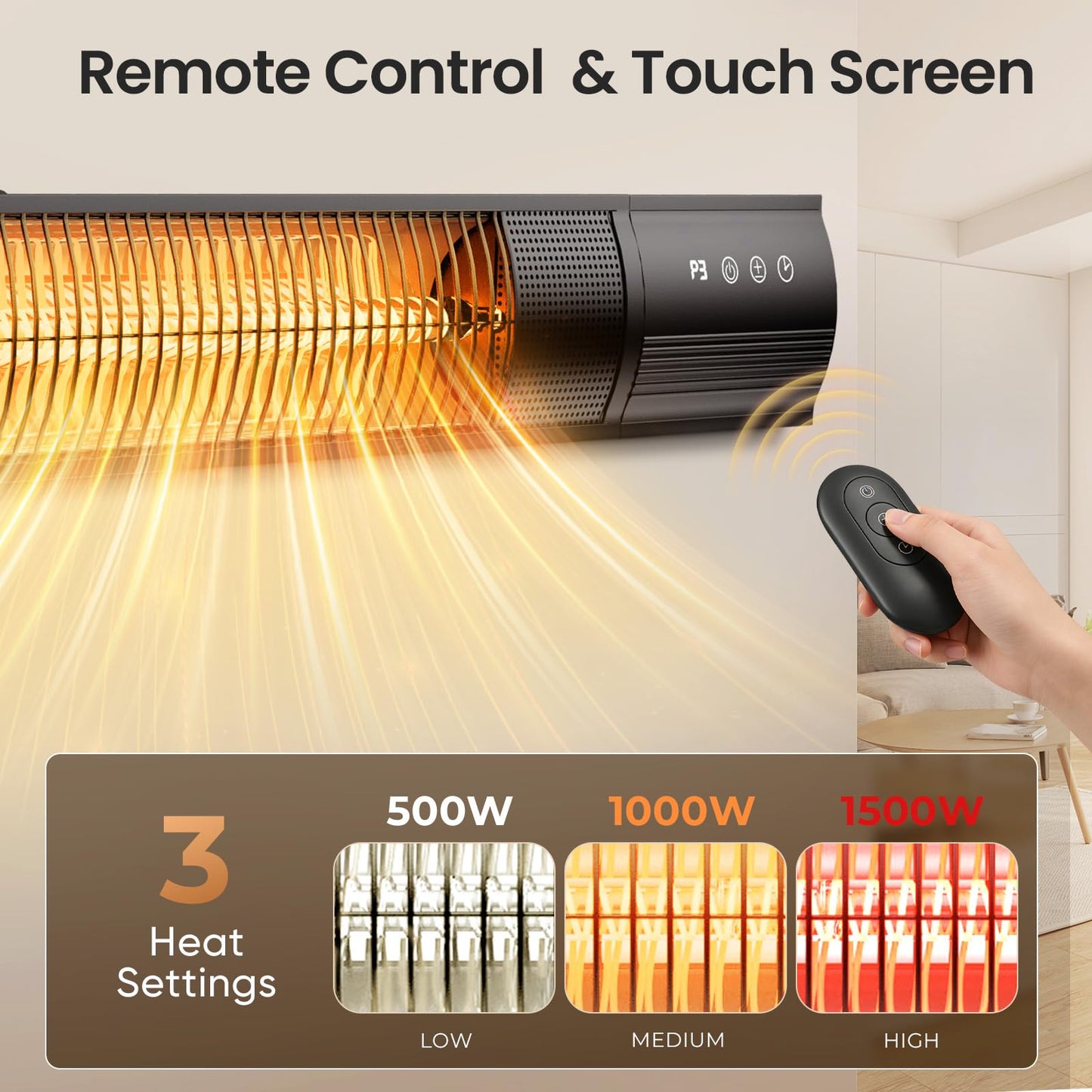YESERLl Electric Patio Heater with Remote Control- 1500w Outdoor Heater Fast Heating with 3 Power Setting, WallMounted Carbon Infrared Heater Quiet - IP55 Waterproof and 24H Timer for Snow Outdoor