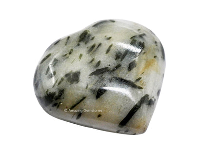 Amazing Gemstone Green Tourmaline in Quartz Crystal Heart Palm Stone - Pocket Massage Worry Stone for Natural Body Chakra Balancing, Reiki Healing and Crystal Grid