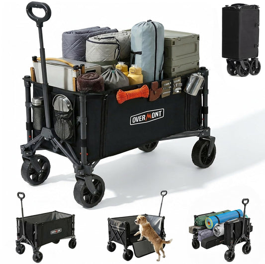 Overmont 3 in 1 Collapsible Wagon Cart - Ultra-Compact & Lightweight Foldable Wagon with All Terrain Wheels - 120L Folding Utility Wagon Portable for Grocery Camping Shopping Garden Sports