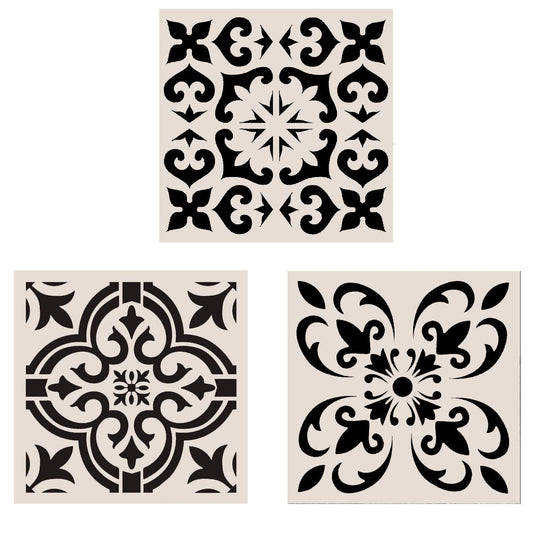 Lindin 3PCS Tile Stencil 12x12 Inch - Large Stencils Painting for Floor Wall Furniture Fabric Wood - Reusable Art Mandala Stencils Painting (Style 2)