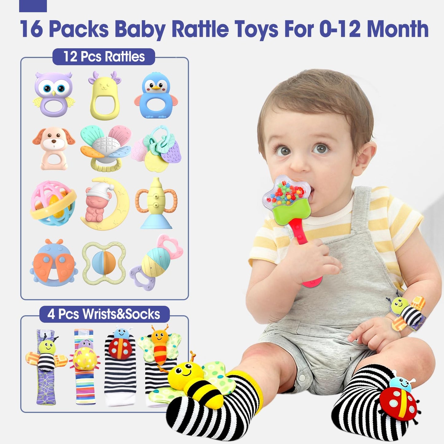 AZEN 16 Pack Baby Rattles Teething Toys 3-6 Months, Baby Toys 0-6 Months, Newborn Infant Toys 6-12 Months, Essentials Must Haves Wrist Socks Toddler Stocking Stuffers Christmas Gifts (Pink)