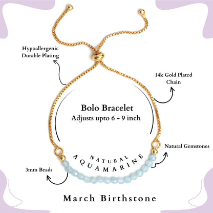 Gempires Birthstone Bracelets for Women, March Birthstone Jewelry, Aquamarine Gemstone Bolo Bracelet, 14k Gold Plated Chain (6-9 inch Adjustable Length)