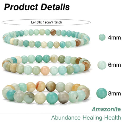 Bolinailo 3Pcs Natural Healing Crystal Bracelets for Women Men, 4mm 6mm 8mm Beaded Stretch Bracelet Set, Amazonite Natural Stone Gemstone Jewelry Gifts for Meditation, Reiki & Yoga