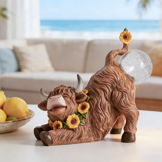 WDS WONDROUS Solar Highland Cow Outdoor Decor with LED Butt Light, Garden Cow Decorations for Home with Sunflowers, Resin Highland Cow Figurine Gifts for Women Yard Porch Decor Farmhouse Night Light